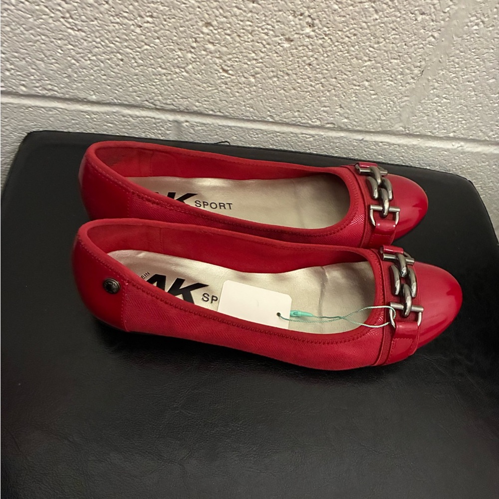 Anne Klein Red Flats with Silver Chain Accent